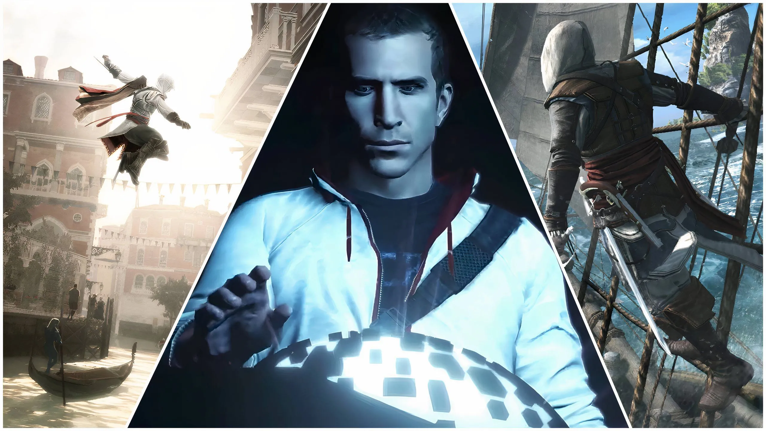 Ba sát thủ biểu tượng của Assassin's Creed: Ezio, Desmond và Edward Kenway, đại diện cho dòng game