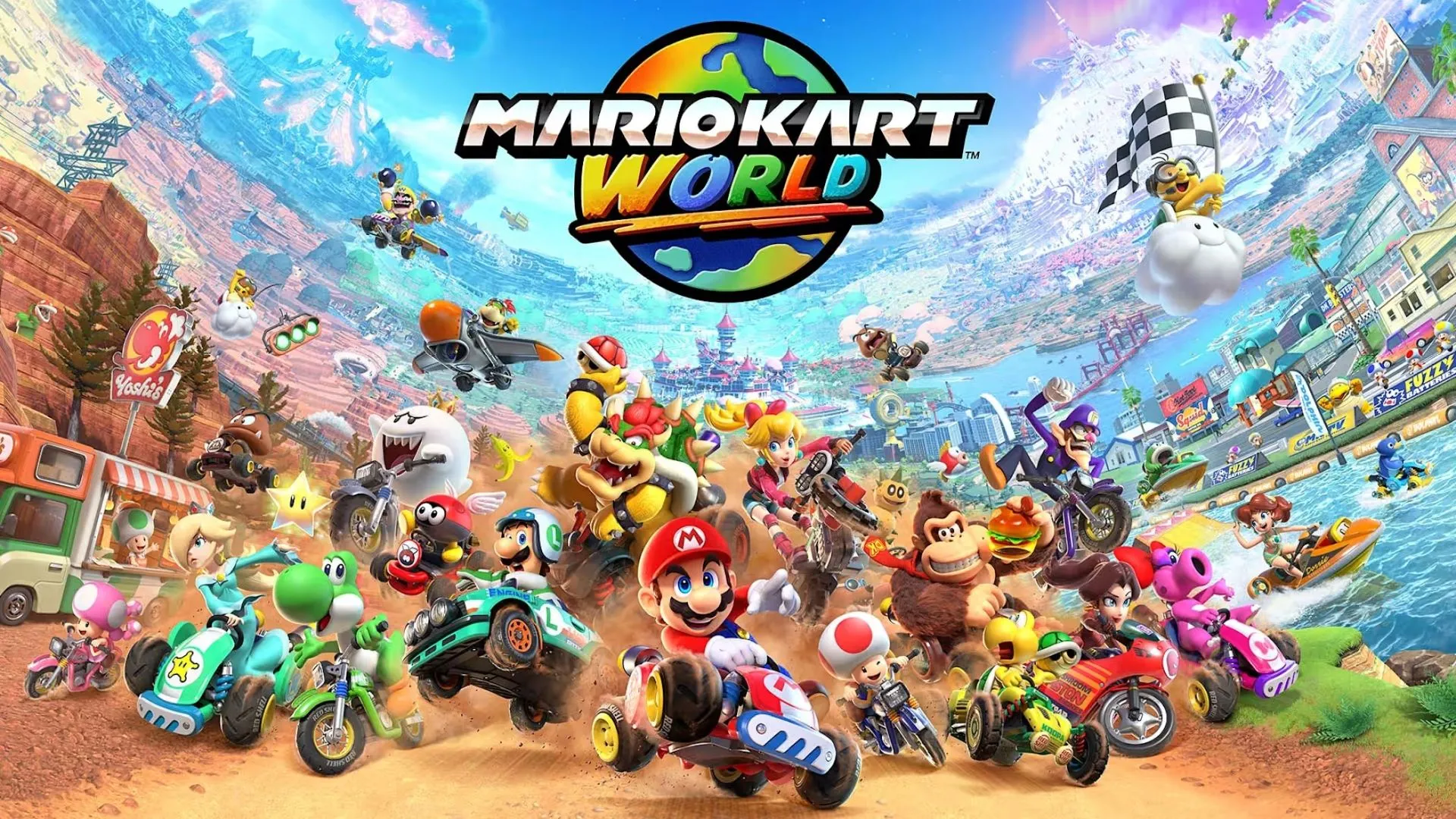 Cảnh đua xe kịch tính trong game Mario Kart World.