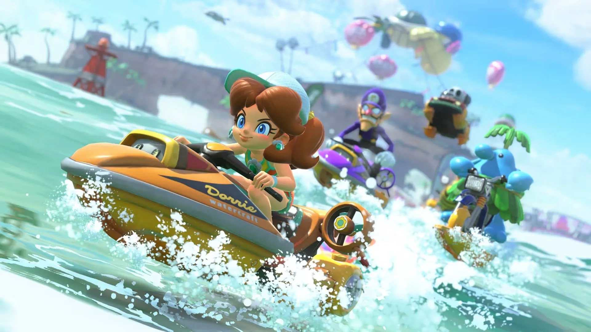 Cảnh vật thể bay lượn trên không trung trong Mario Kart World.