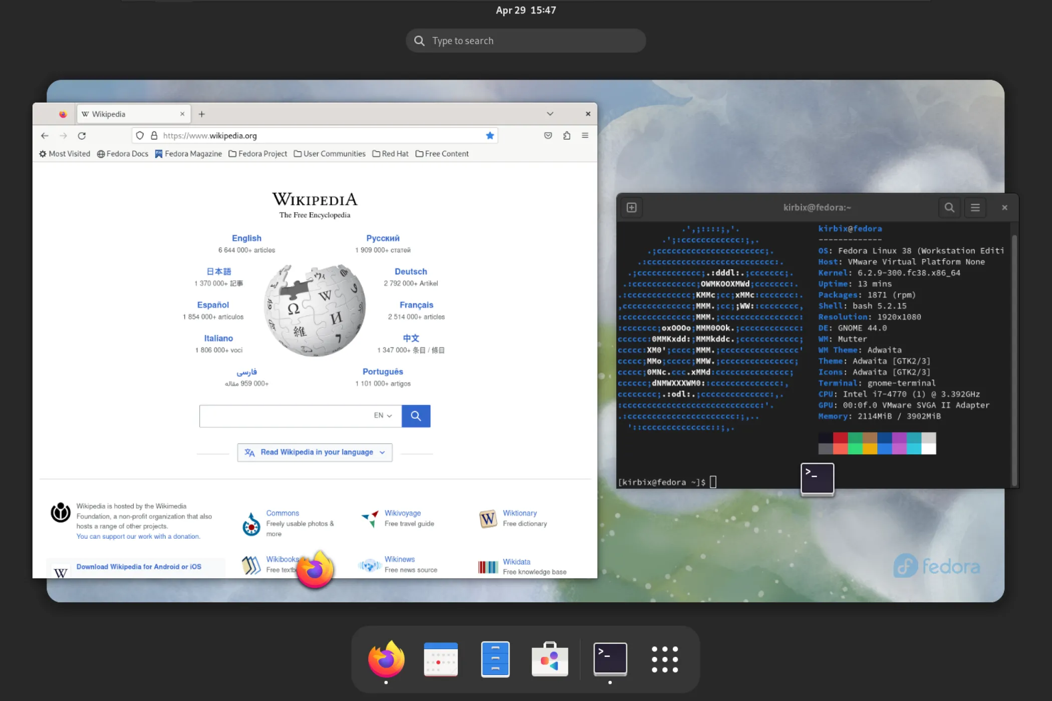 Giao diện màn hình desktop của hệ điều hành Fedora Linux