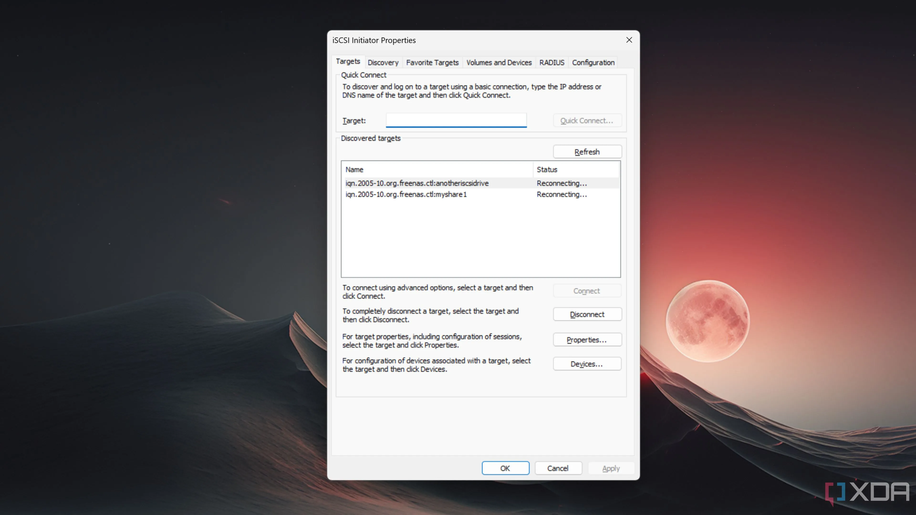 Giao diện ứng dụng iSCSI Initiator trên Windows 11, minh họa cách kết nối với mục tiêu iSCSI