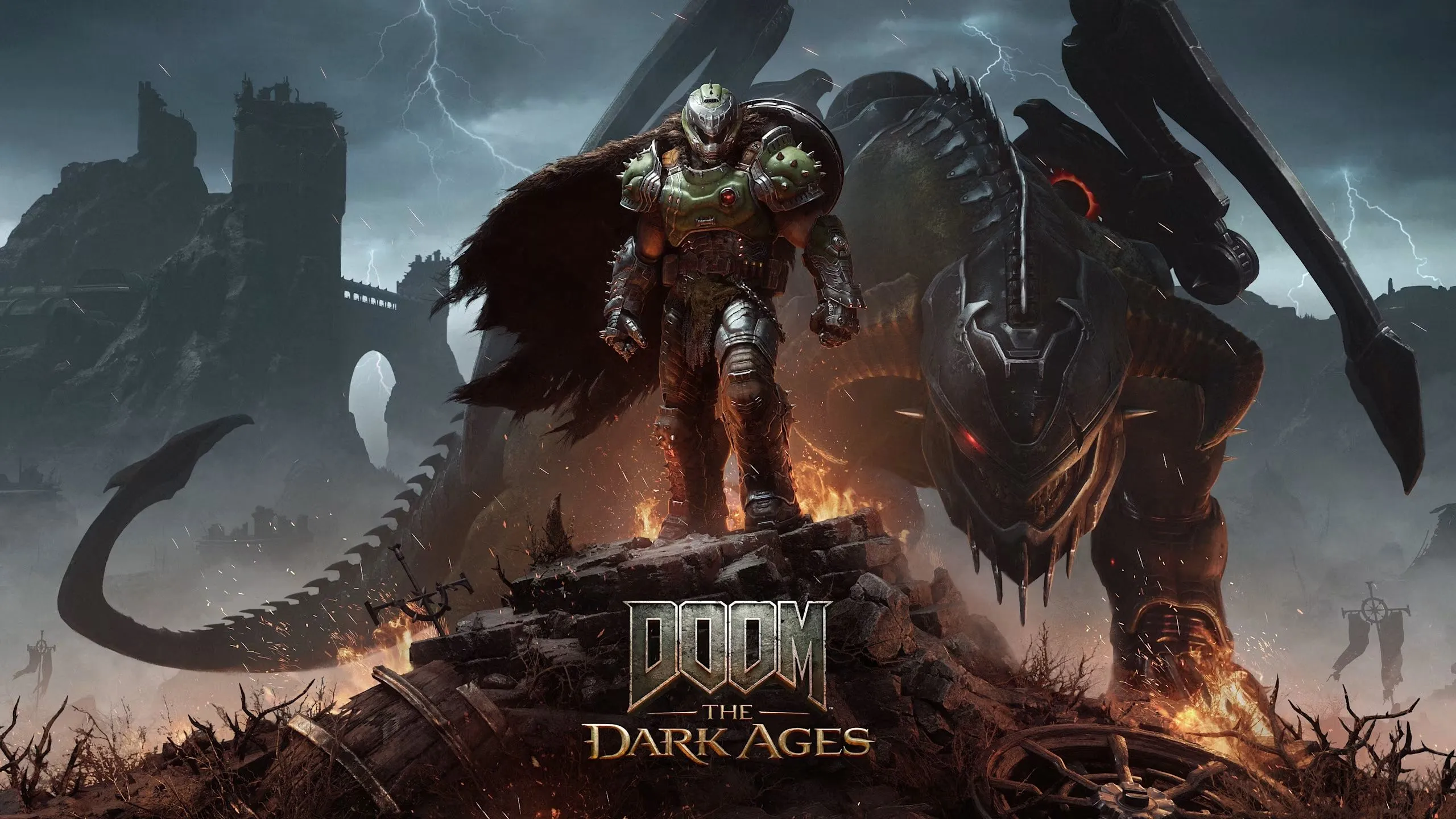 Hình ảnh quảng bá game Doom: The Dark Ages, một tựa game mới được công bố, minh họa Doom Slayer và rồng