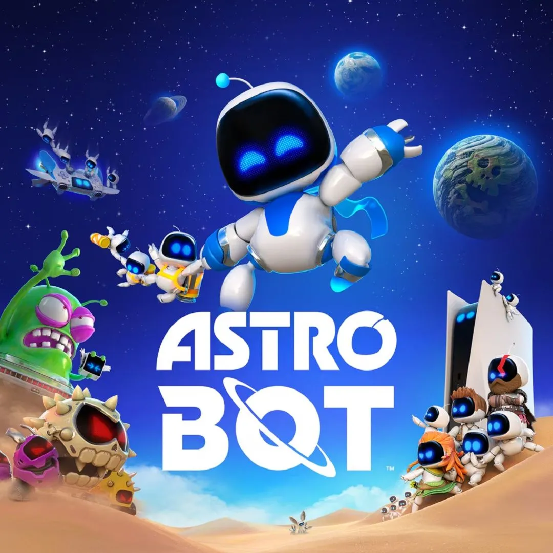Hình ảnh quảng cáo game Astro Bot trên PS5, giới thiệu nhân vật robot đáng yêu trong thế giới platformer 3D đầy màu sắc và sáng tạo.