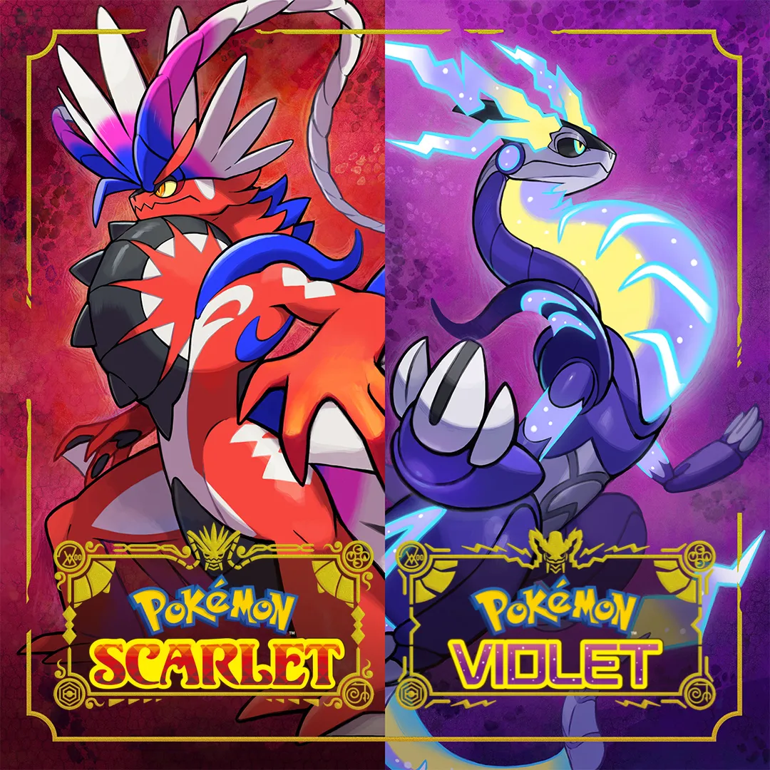 Hình ảnh sản phẩm game Pokémon Scarlet và Violet, với hai Pokémon huyền thoại Koraidon và Miraidon.