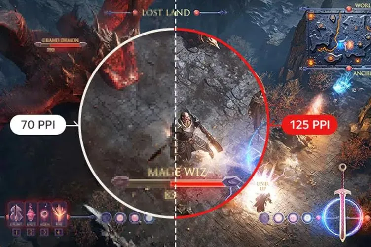 Hình ảnh so sánh độ nét văn bản ở độ phân giải 5K2K và WFHD trên màn hình LG 45 inch OLED