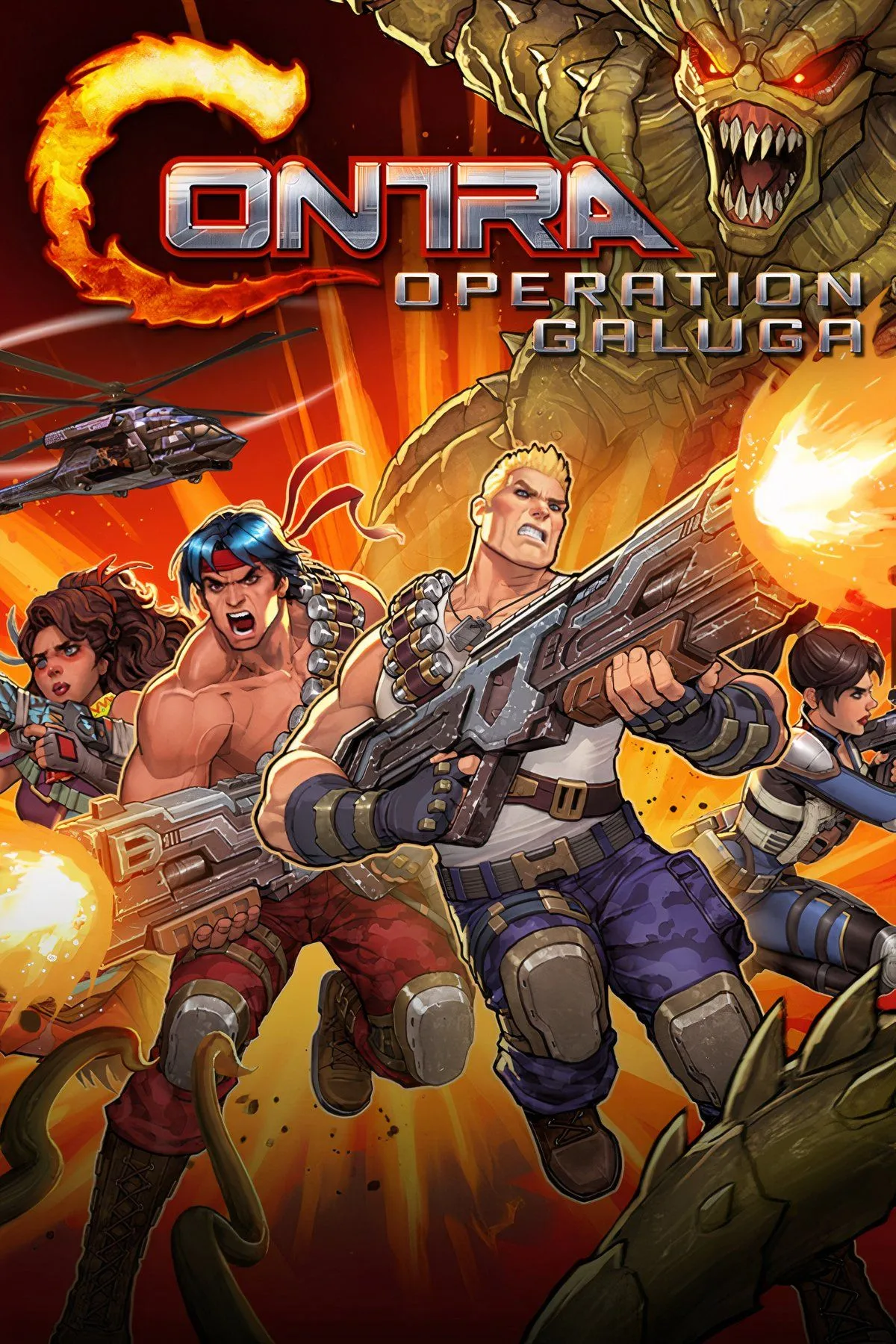 Hình ảnh tổng hợp về game Contra Operation Galuga, bao gồm logo, nhân vật và môi trường game