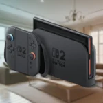 Máy console Nintendo Switch 2 đặt trên dock, kèm hai tay cầm Joy-Con 2 mới gắn vào grip, trong bối cảnh phòng khách gia đình.