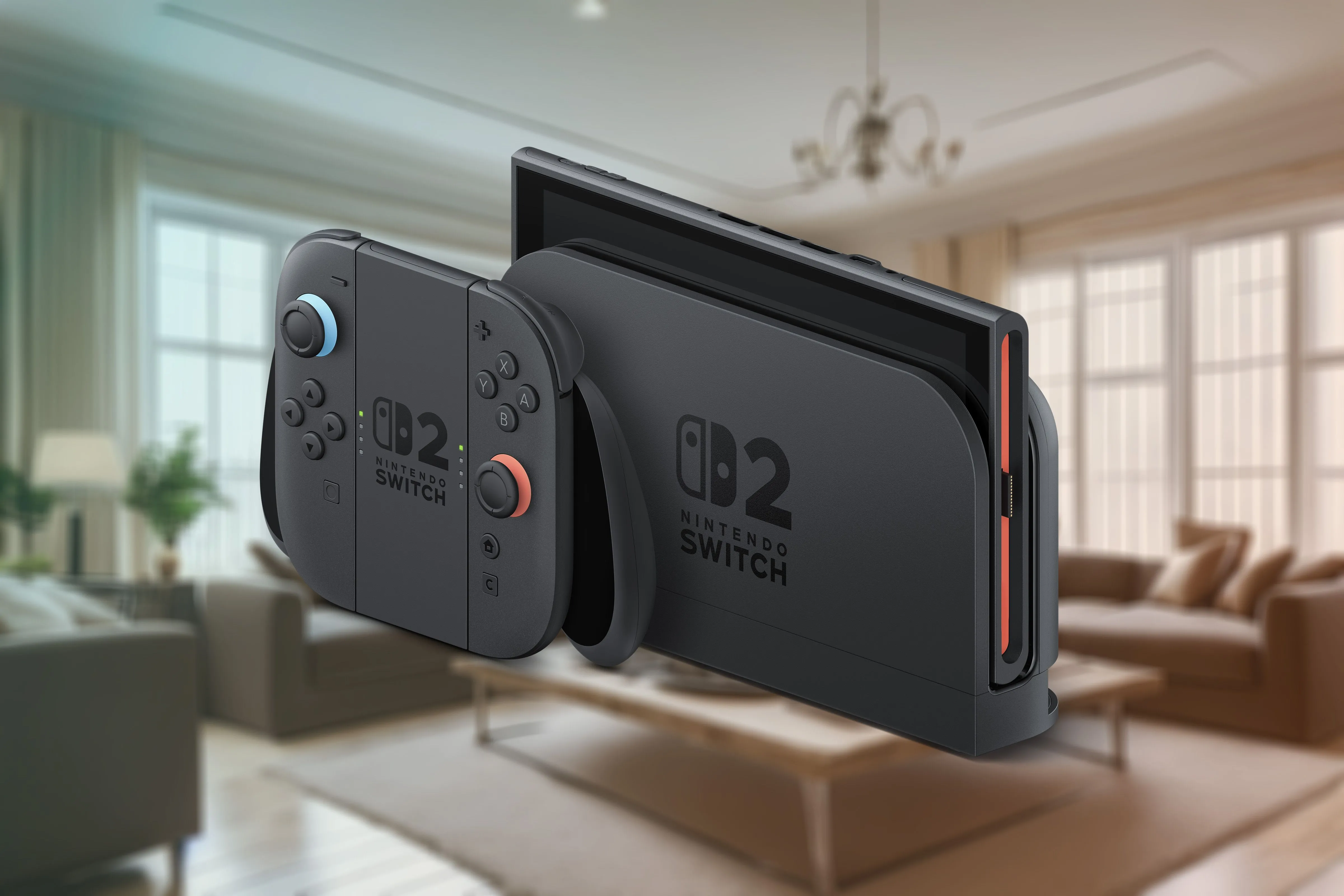 Máy console Nintendo Switch 2 đặt trên dock, kèm hai tay cầm Joy-Con 2 mới gắn vào grip, trong bối cảnh phòng khách gia đình.
