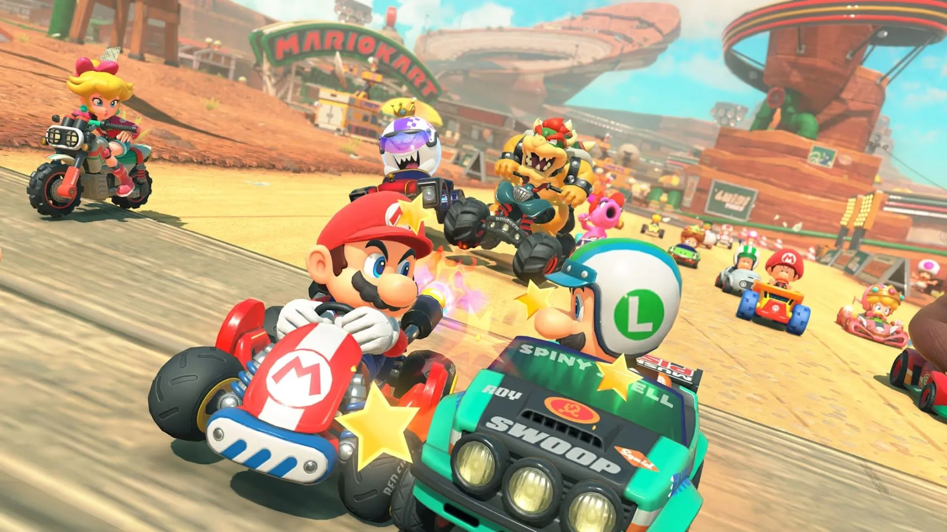 Một góc đường đua đầy màu sắc của Mario Kart World trên Switch 2.