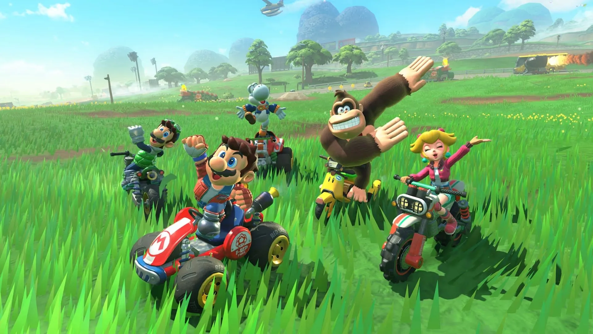 Nhân vật Peach đang thực hiện một cú drift trong Mario Kart World.