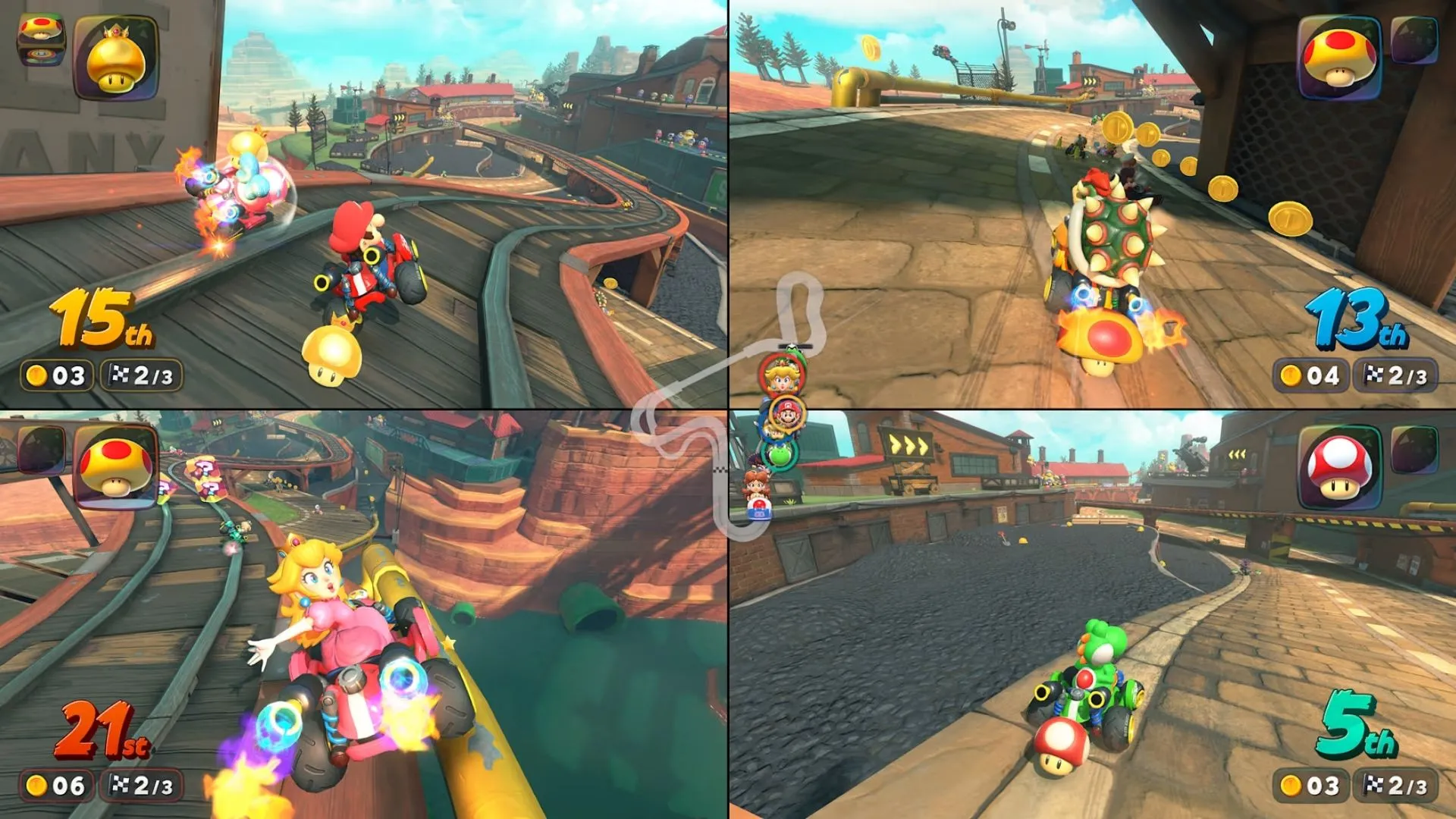 Toad và nhân vật khác đang cạnh tranh gay cấn trên đường đua Mario Kart World.